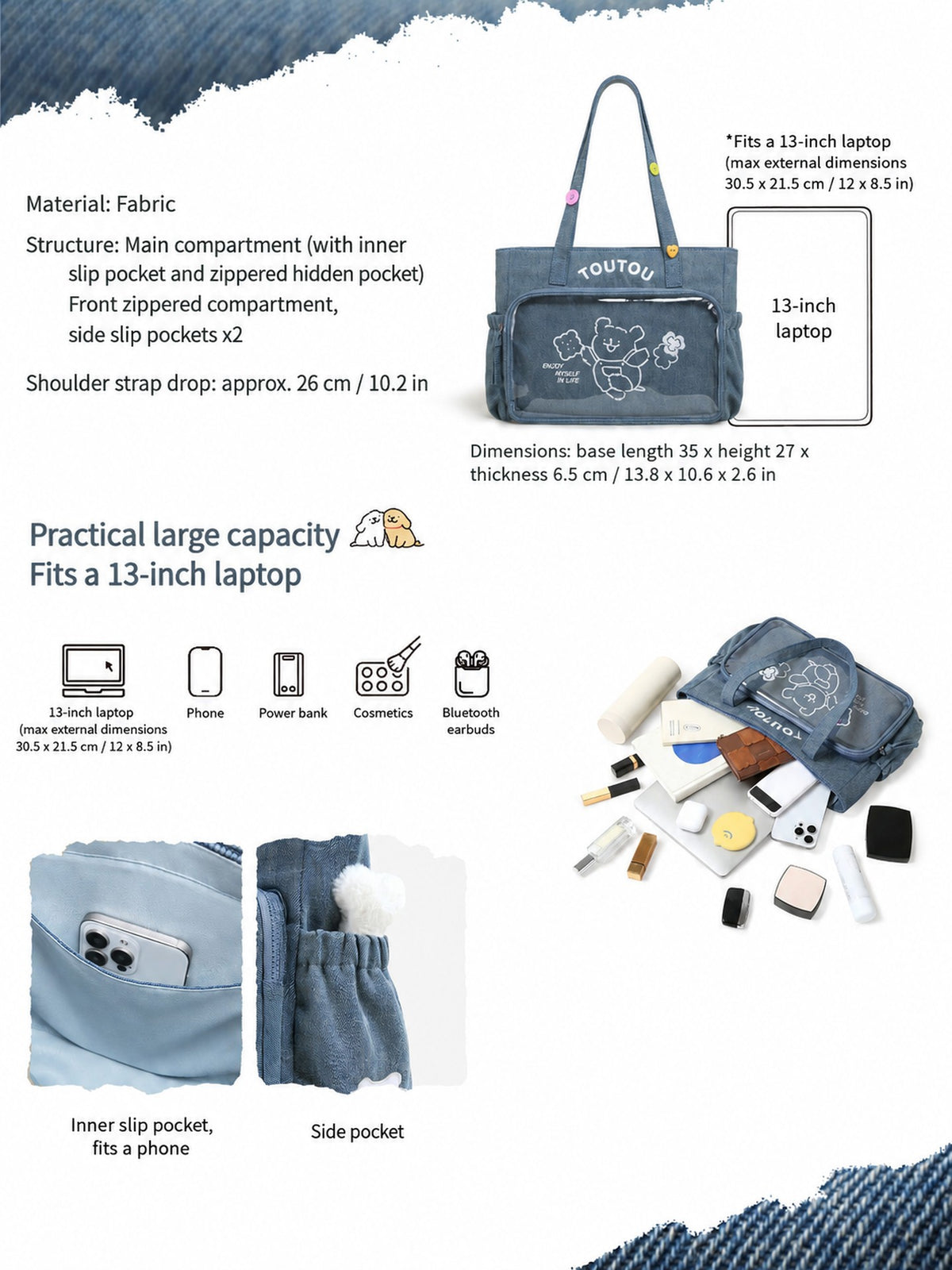 TOUTOU Line Dog Large Capacity Denim Ita Tote Bag