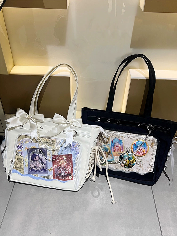 Elegant Silver Ribbon Ita Bag - Spacious Shoulder & Handbag for Display