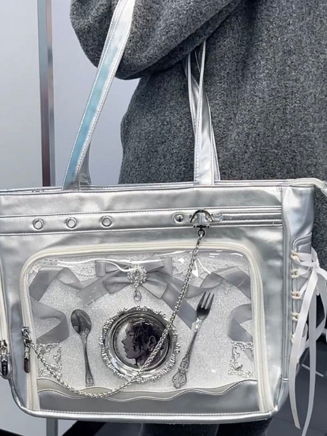Elegant Silver Ribbon Ita Bag - Spacious Shoulder & Handbag for Display