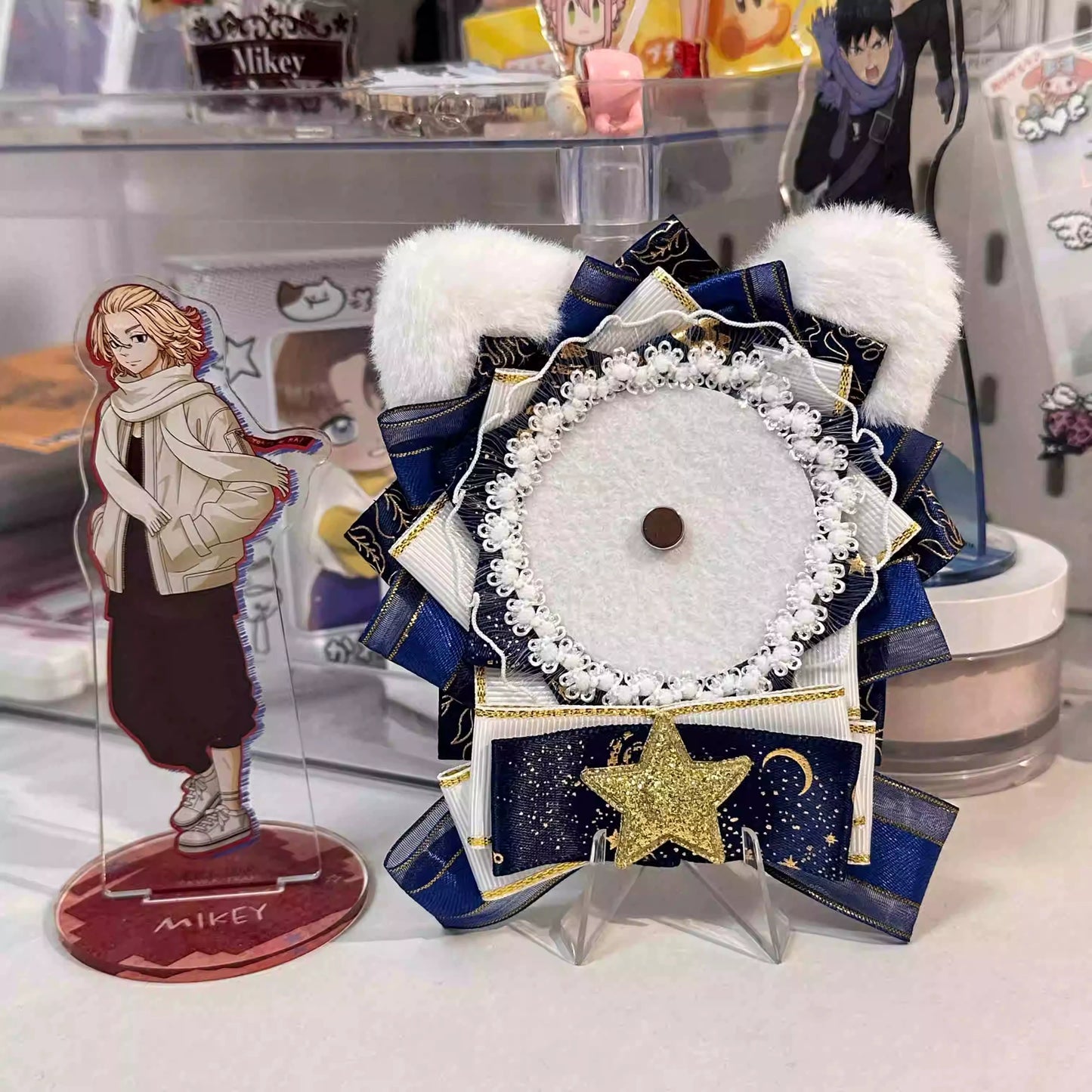 Handmade Original Cat Ear Plush Badge Holder – Cute DIY Ita Bag Decoration Base for 2.28-2.95 inch (58mm-75mm) Badges