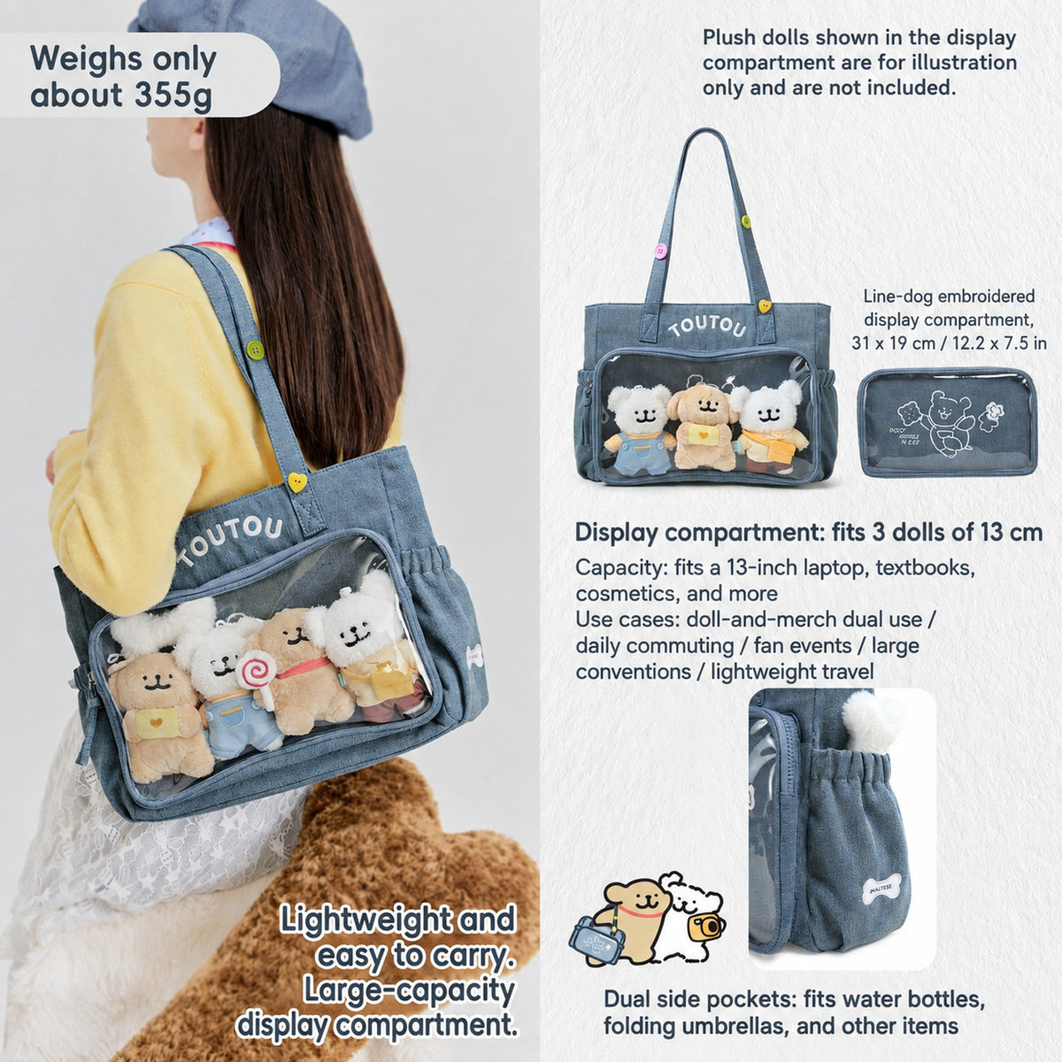 TOUTOU Line Dog Large Capacity Denim Ita Tote Bag
