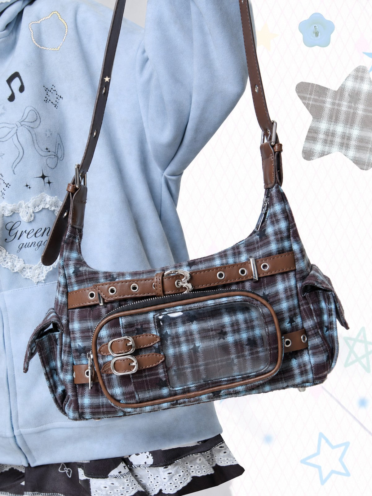 Moogyu Plaid Ita Bag, Large-Capacity Shoulder Bag