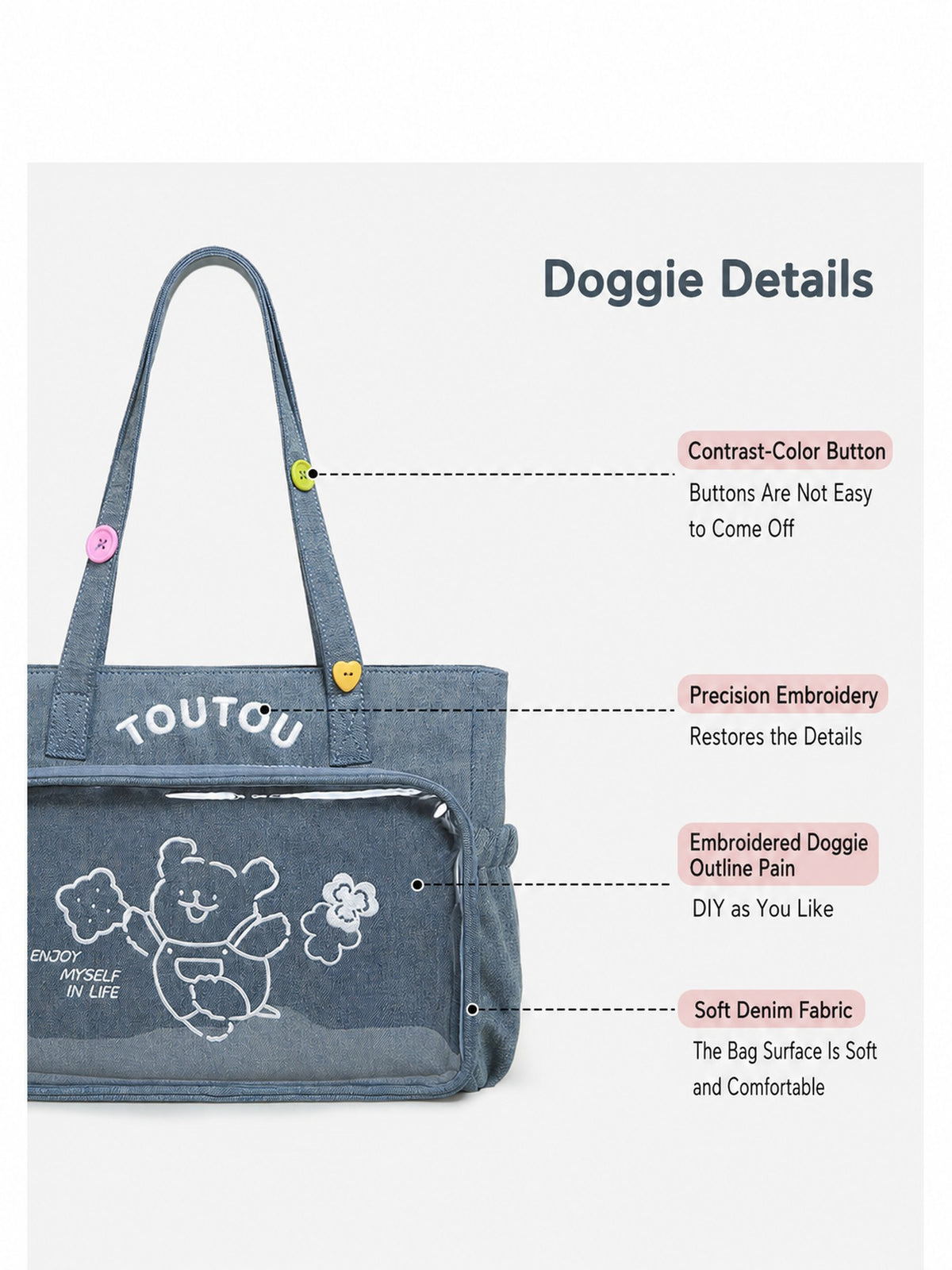 TOUTOU Line Dog Large Capacity Denim Ita Tote Bag