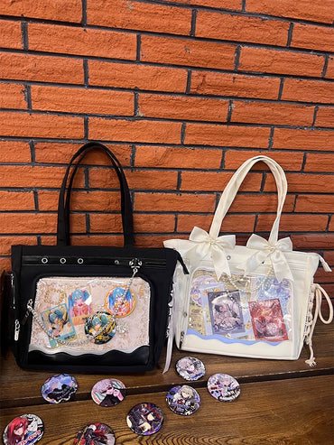 Elegant Silver Ribbon Ita Bag - Spacious Shoulder & Handbag for Display