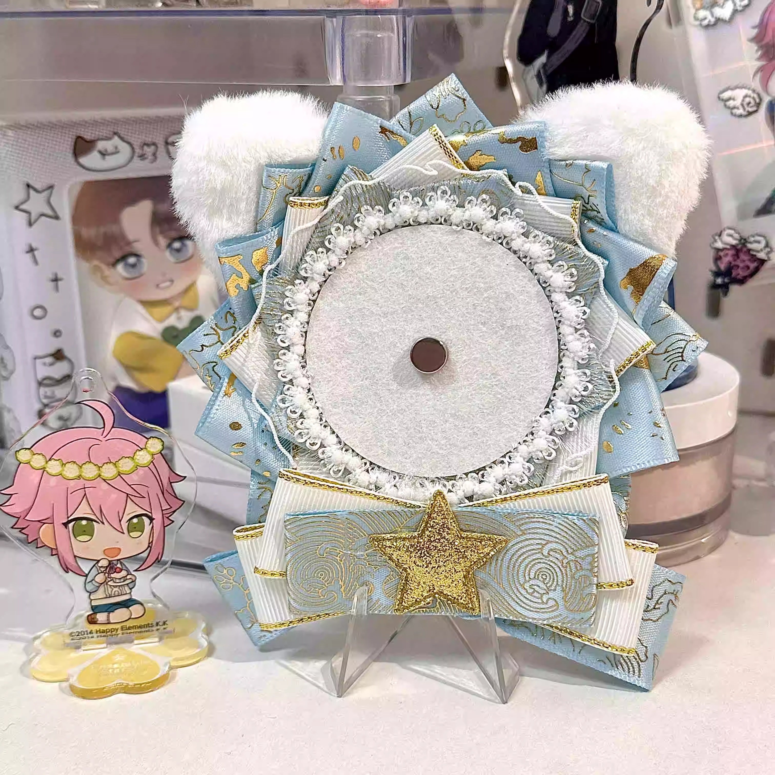 Handmade Original Cat Ear Plush Badge Holder – Cute DIY Ita Bag Decoration Base for 2.28-2.95 inch (58mm-75mm) Badges