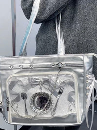 Elegant Silver Ribbon Ita Bag - Spacious Shoulder & Handbag for Display
