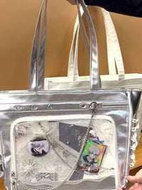 Elegant Silver Ribbon Ita Bag - Spacious Shoulder & Handbag for Display