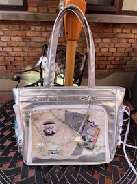 Elegant Silver Ribbon Ita Bag - Spacious Shoulder & Handbag for Display