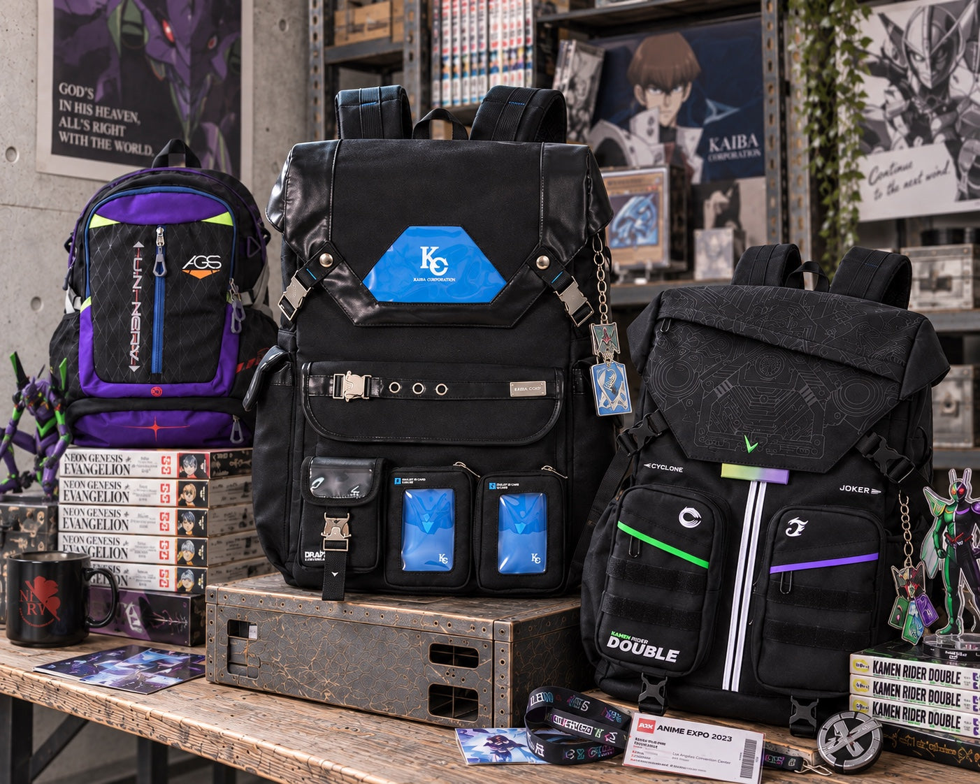 Anime collab backpacks in a collector’s room.