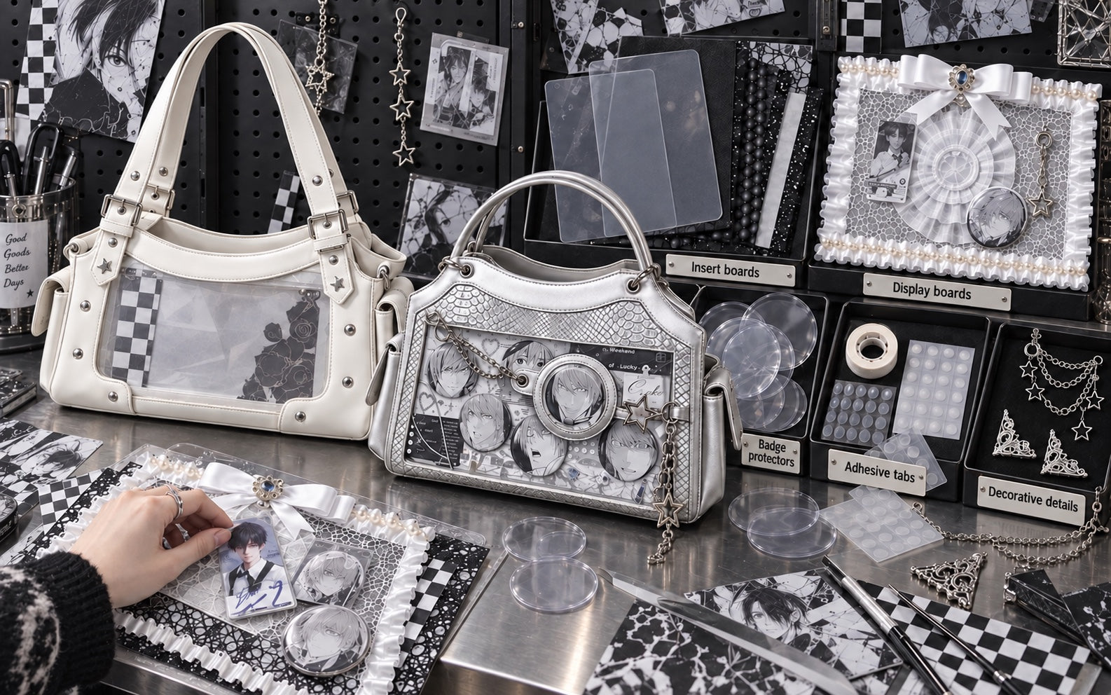 A DIY ita bag workbench with a simple white Gemini bag, a finished silver Yuni Yoyo bag and five clearly organized accessory categories