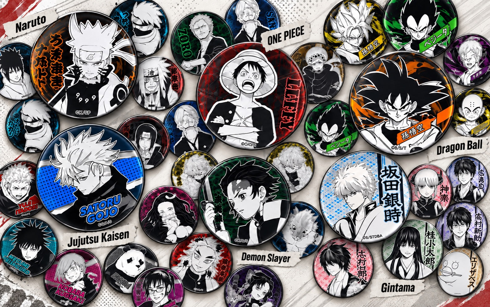 An overlapping collector poster of anime badges from Naruto, One Piece, Dragon Ball, Jujutsu Kaisen, Demon Slayer and Gintama