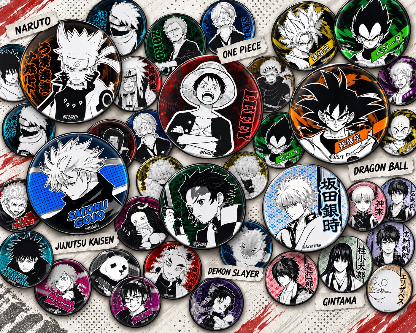 An assortment of collectible anime character pins and badges.