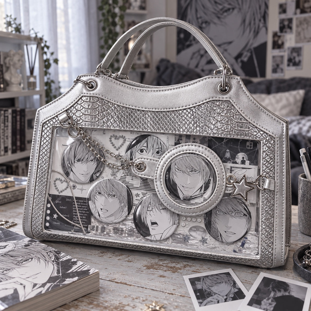 A silver snakeskin ita bag with a richly styled manga display, round badges and silver charms.