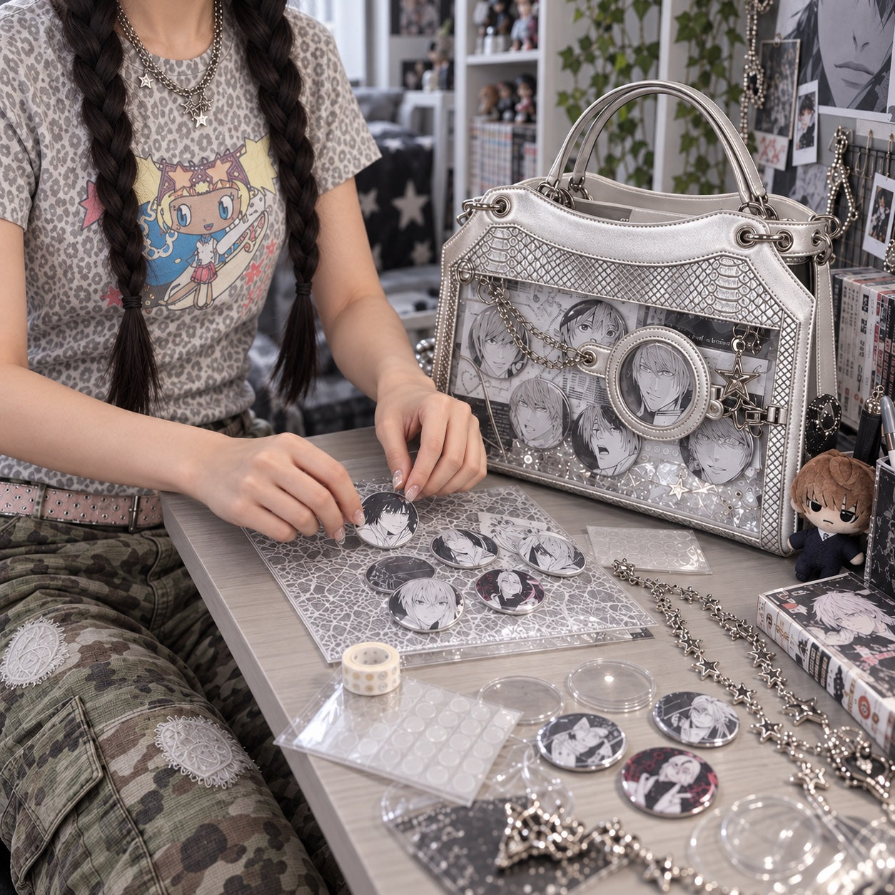 Hands arranging pins and insert boards beside a decorated silver ita bag in an anime collector’s room.